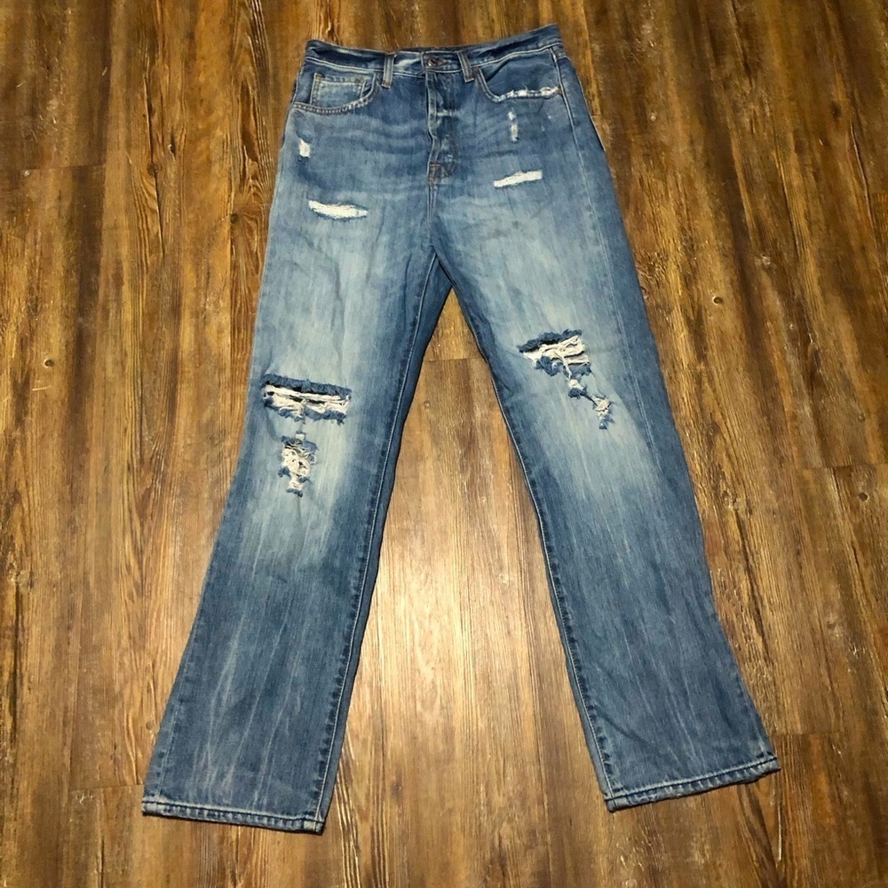 7 For All Mankind Jeans Women's 28 Easy Straight Leg Button Fly Distressed Denim